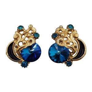 Vintage Blue Rivoli‎ Rhinestone Ornate Scroll Clip On Earrings Evening Glam